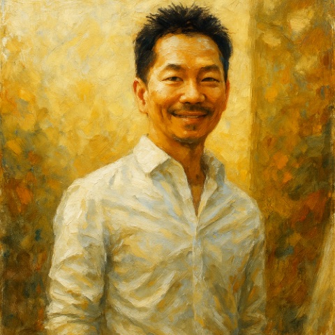 Portrait of James H. Nguyen, in a painted style
